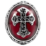 INBLUE Men's Stainless Steel Ring CZ Silver Tone Black Red Cross Knight Fleur De Lis Oval Size13