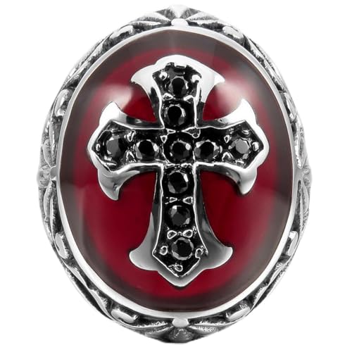INBLUE Men's Stainless Steel Ring CZ Silver Tone Black Red Cross Knight Fleur De Lis Oval Size13