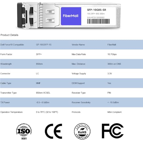 Image of SFP 10G SR Optical Transceiver Module Compatible with Dell Force10 GP-10GSFP-1S Dell WTRD1 407-BBOU 331-5311 10GBASE-SR SFP+ 850nm 300m DDM Duplex LC MMF 4 Pack
