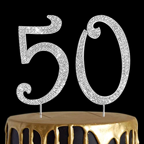 Number Cake Topper 50, Uniideco Silver Rhinestone Premium Metal Bling Bling Cake Decor, Sparkly Happy Birthday Wedding Anniversary Party Decoration Centerpiece #TOP10