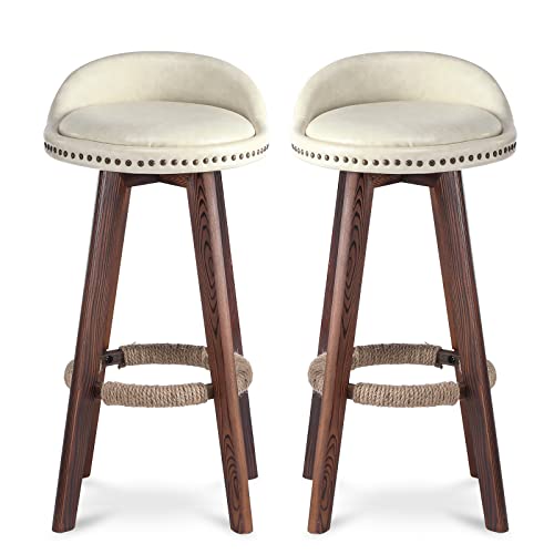 Set Of 2 Bar Stools, Leather Padded Seat Barstools With Rubber Wood Legs, 360-Degree Swivel Barstools, 28-Inch Tall Seat Counter Height Bar Chairs Dining Chairs For Pub, Restaurant, Kitchen(White) #TOP17