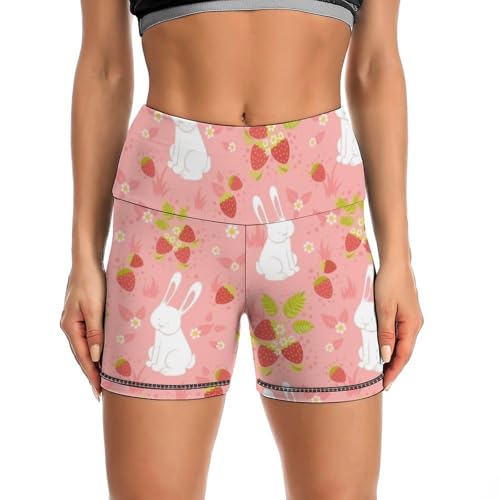 Cute Strawberry and Rabbit Bunny Pattern High Waist Yoga Shorts for Women Athletic Shorts Leggings Running Pants