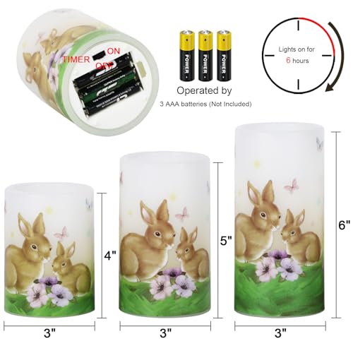 Image of Eldnacele Easter Bunny Flameless Flickering Candles with 6H Timer Battery Operated Real Wax Candles Easter Eggs Lilies Rabbits Home Decor 4 inch5 inch6 inchH (3 inchD)