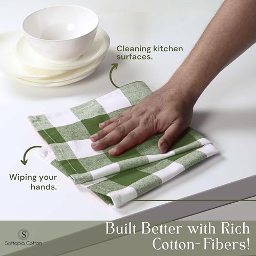 Image of Mint Green and White 12 Pack Buffalo Check Kitchen Towels, 16x26 Inches, 100% Cotton Dish Cloths, Reusable Hand Towels for Drying Glassware, Cleaning Spills, Farmhouse Plaid Towel