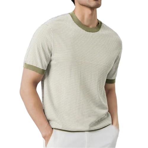 Camiseta de punto a rayas para hombre con cuello redondo manga corta ajustada