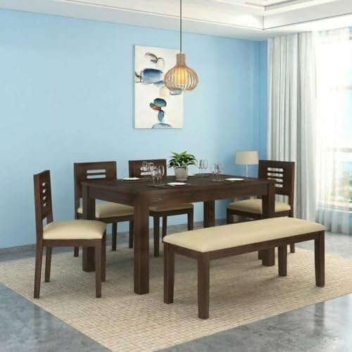 Image of Solid Wood 6 Seater Dining Room Sets || Wooden Dining Table with Chairs and Bench|| Dining Table Set for Home Living Room Furniture (Urban with Bench, 6 Seater)