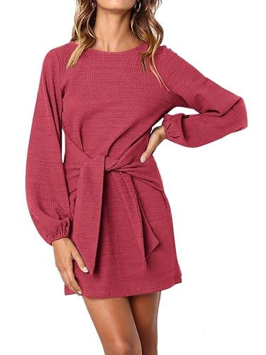 Image of PRETTYGARDEN Womens Spring Elegant Long Lantern Sleeve Short Dress Wedding Guest Crewneck Tie Waist Knit Cocktail Dresses