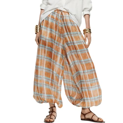 Harem Pants for Women Plaid Print Wide Leg Elastic Waist