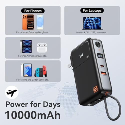 Image of Selore&S-Global 3-in-1 Portable Phone Charger with Wall Plug, 10000mAh USB-C Power Bank with Built in Cable, 35W Portable Battery Pack for iPhone Samsung Android & 65W Wall Charger for Laptop MacBook
