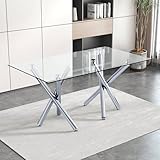 Ebullient 71“ Glass Dining Table,Dining Room Table for 6-8，Large Size Kitchen and Dining Room Table with Tempered Glass top and Silver Metal Legs, Modern Rectangular Dining Table