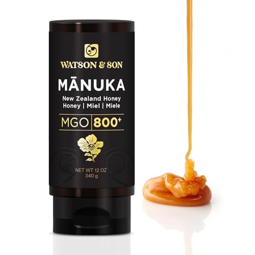 Watson & Son Miel de Mānuka de Nueva Zelanda, MGO 800+ en formato exprimible – Cruda, sin filtrar y certificada – Galardonada por su sabor suave y textura sedosa – 340 g