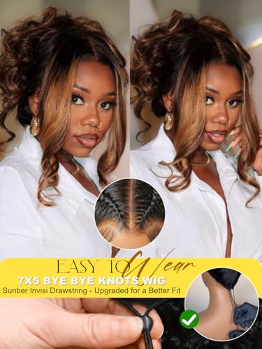 Image of Sunber Ombre Brown Highlight Balayage Loose Body Wave With Bangs Glueless Wigs Pre cut 7x5 HD Lace Front Bye Bye Knots Drawstring Wig 24Inch Put On Go Pre Plucked Bleached Invisible Knots 180% Density