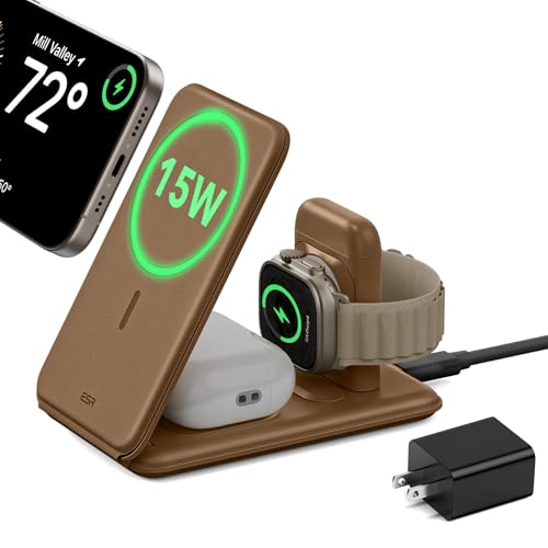 Image of ESR 3 in 1 Charging Station for Apple, [Certified] Apple Watch Charger & 15W MagSafe Charger Stand for iPhone, Travel Charger for Multiple Devices, iPhone 17-12, Watch & AirPods, Brown