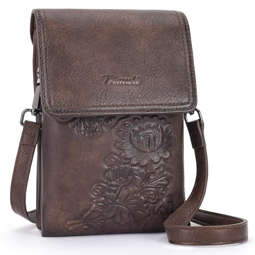 Image of Small Crossbody Bags for Women Trendy Vegan Leather Cell Phone Bag Embossed Flower Design Wallet Purses with Strap