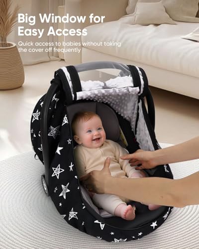 Image of Car Seat Cover for Baby, with Mesh and Zipper, Black Star | 2 Layers, Available In Winter And Summer, Windproof, 4 usage modes, Easy Access Carseat Covers Snug Fit Baby Stroller