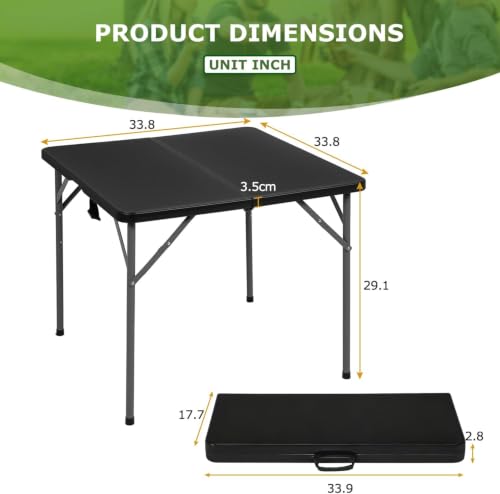 BLKMTY 34" Square Folding Card Table, Indoor Outdoor Portable Picnic Table Half Foldable Plastic Tables with Carrying Handle for Kitchen Camping Party BBQ Event, Black - Image 3