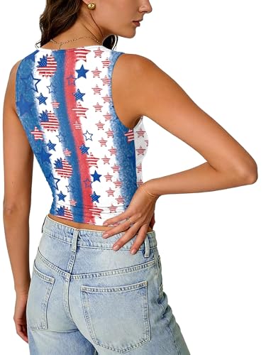 Women's 4th of July Patriotic Crop Top, American Flag Tank Tee, USA Theme Slim Fit Shirt (US, Alpha, X-Large, Regular, Regular, Blue) — view 4