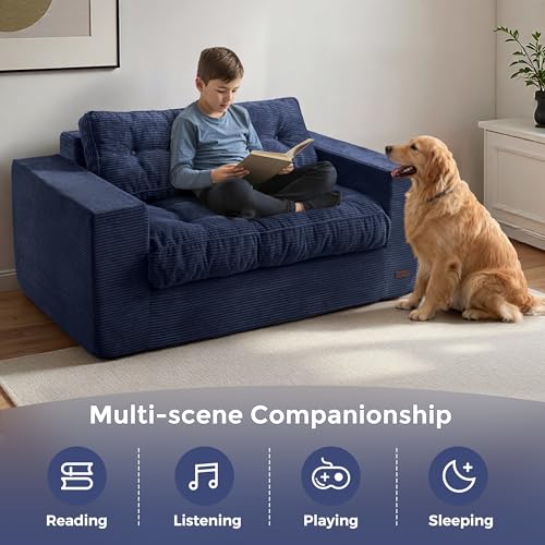 Image of MAXYOYO Loveseat Sofa Couch, Upholstered Bean Bag Chair Cloud Seat for Adults, Boneless Couch with Cushion & Pillows, Sofa in A Box, No Assembly Required, Corded Navy, 2-Seat