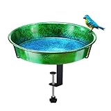 Metal Deck Bird Bath for Balcony Railing, Metallic Green & Blue 11.5” Bathing Bowl & Feeder with Adjustable Steel Clamp Outdoor Garden Decor Yard Art (0.7 Gallon)