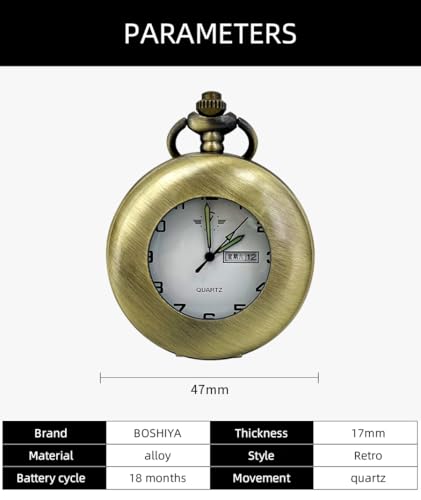 Image of BOSHIYA Smooth Quartz Pocket Watches for Men Classic Arabic Digital Luminous Dial & Day Date Pocket Watch with Chain Christmas Graduation Birthday Gifts
