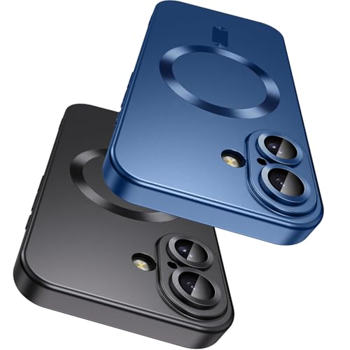 YRAKOZIN Coque Magnétique pour iPhone 16 6,1 Pouces - Compatible avec MagnSafe - Protège-Objectif Intégré - Housse Mince en Silicone Souple au Lustre Métallique - Noir + Bleu