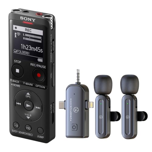 Sony ICD-UX570 Digital Voice Recorder Bundle with Turnstile Audio 3-in-1 Multifunctional Wireless Lavalier Microphone