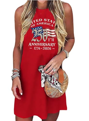 Image of jusgai 250 Anniversary USA Dress for Women American Flag Tank Dresses 4th of July Patriotic Sundress