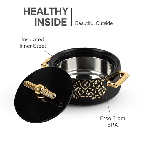 Image of CELLO Jewel NX Insulated Casserole Set of 3 Pcs (500ml, 1000ml, 1500ml) Black | Double Wall Insulated Hot Pot Case Keeps Food Hot & Warm For Long Hours, Casserole Hot Pot Set For Roti, Chapati, Rice