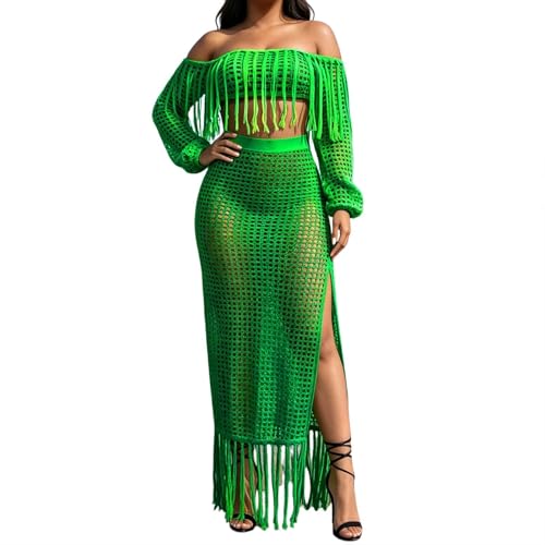 Maillot de bain deux pièces avec jupe maxi en maille crochet et coupe épaules dénudées