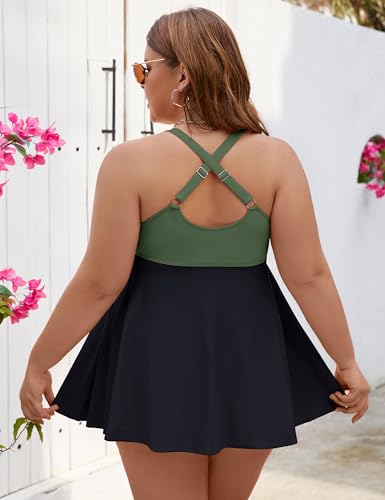 Edelqual Womens Plus Size Tankini Swimsuit Two Piece Tummy Control Bathing Suits Swim Dresses Swimwear Modest Curvy Trip 2025 Vacation Outfits (Army Green & Black,2XL) - Image 5