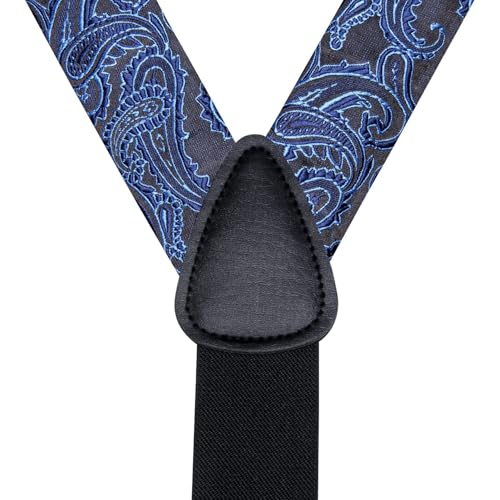 Image of Hi-Tie Men's Suspenders and Tie Set Silk Adjustable Elastic Y Braces with Strong 6 Clips Pocket Square Set