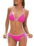 Women String Triangle Bikini Set 2 Piece Swimsuit Halter Top Two Piece Bathing Suit Cheeky Swim Suit Color Block Swimwear Pink Color Block S