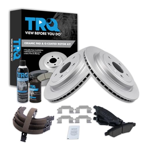 Image of TRQ Rear Brake Pad & Rotor Kit, with Chemical Kit Parking Brake Shoe Set Ceramic Premium G-Coated Compatible with 2008-2014 Cadillac CTS