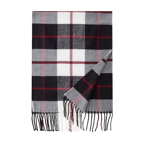 CALVIN & OLIVIA Cashmere Feel Scarf Soft Winter Ombre Nova Buffalo Tartan Tweed Houndstooth Plaid Chic Gift for Men Women Black White Red Plaid2