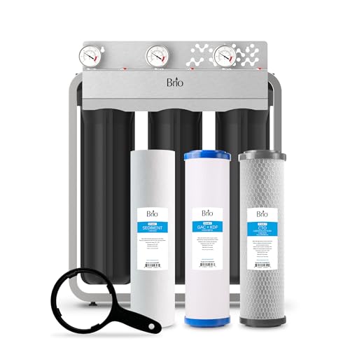 Brio 3-Stage Whole House Filtration System for Heavy Metal Reduction, 900 GPH, 4.5" x 20" PP Sediment, KDF & Carbon Block Filters Included w/Lifespan of 100,000 Gallons or 12 Months