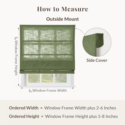 Image of TWOPAGES Liz No Drill Cordless Roman Shades Linen Textured Roman Blinds for Windows, Custom Made Room Darkening Blackout Roman Window Shades, Hardware Included, Green, 1 Piece