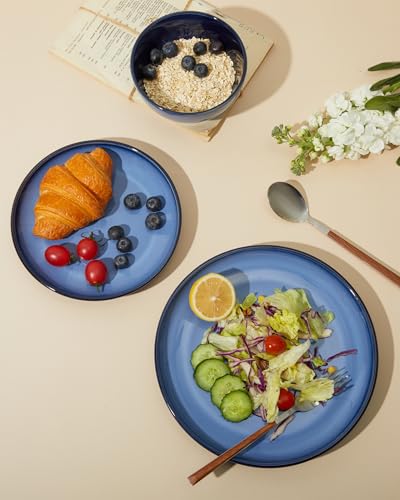 Image of Pokini Stoneware Dinnerware Sets, Ceramic Plates and Bowls Set, Microwave & Dishwasher Safe Kitchen Dish Set, Modern Dinner Plates | Salad Plate | Cereal Bowls for 4, Dishware Sets Blue