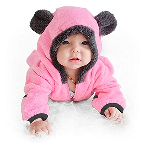 Newborn Baby Boy Girl Fleece Footed Jumpsuit Bear Ears Hooded Romper Zip up Outerwear Coat Infant (Pink, 12-18 Months)2