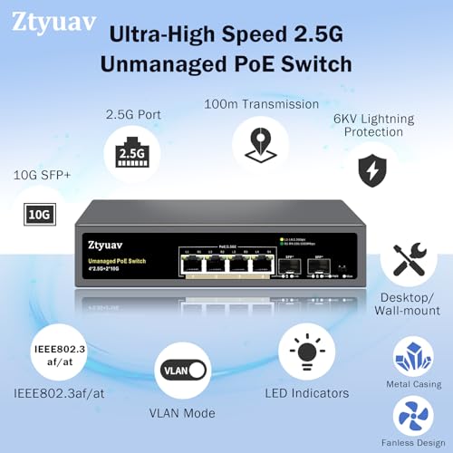 Image of 6 Port Unmanaged 2.5G PoE Switch with 4 x 2.5G PoE+ Ports @75W, 2 x 10G SFP+, IEEE802.3af /at Compliant, Ports Speed Auto-Negotiation, One-Key VLAN, Plug & Play, Fanless Metal Design