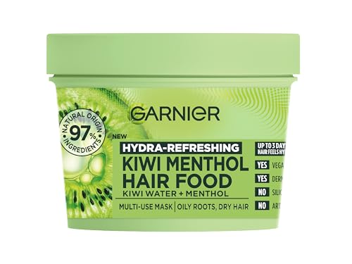 Garnier Hair Food Multi-Use Hair Treatment Mask, Hydrates and Refreshes Oily Roots and Dry Ends, with Kiwi and Menthol, No Silicones for a Natural Feel, Vegan Formula, 400ml