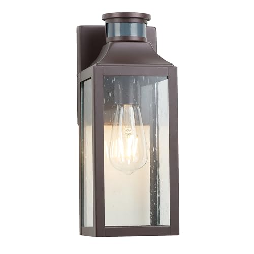 Image of MICSIU 12.75 inch Bronze Motion Sensor Traditional Outdoor Light Fixture 1 Pack | Dusk to Dawn Outside Wall Sconce with Clear Seedy Glass, 3 Modes Farm Porch Light for House Garage Deck