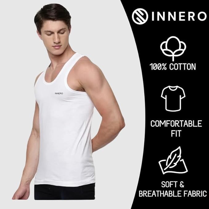 Image of INNERO Men's Cotton Sleeveless Vest (White, Pack of 2)