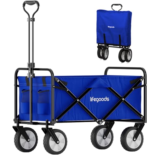 LifeGoods Bollerwagen Faltbar - Faltbarer Bollerwagen - Handwagen Klapbarr - Gartenwagen - Transportwagen - Strandwagen - Strand - Klappbarer – 360 Grad Drehbare Vollgummireifen - 94L– 98x45cm - Blau
