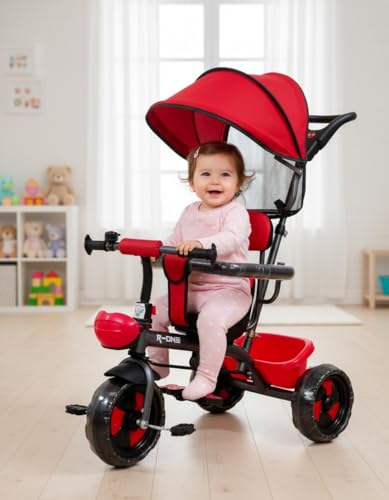 Image of Kids Tricycle with Canopy, Red and Black, Parental Push Handle, Storage Basket, Toddler Ride-On