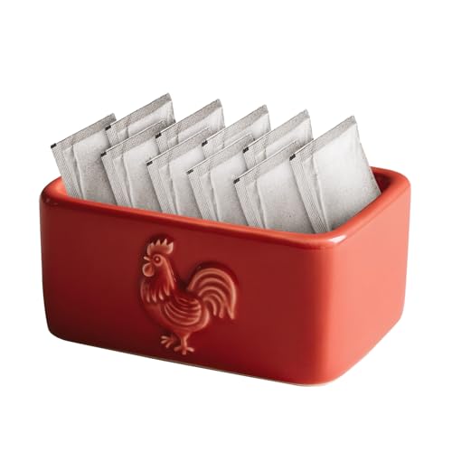 Sizikato Red Rooster Relief Porcelain Sugar Packet Holder Tea Bag Bowl, 4 In