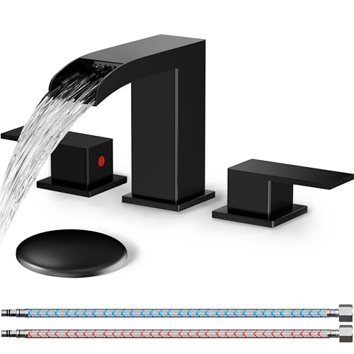 VVXLIV Bathroom Sink Faucet 3 Hole, Matte Black Waterfall Bathroom Faucets, 8 Inch Widespread Bathroom Faucet with Pop-up Drain and Supply Lines, Two Handles Faucets for Vanity, Lavatory, Restroom, RV