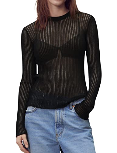 Image of KAMISSY Women See Through Crew Neck Sheer Mesh Knitted Sweater Solid Basic Long Sleeve Loose Fit Knit Pullover Jumper Top
