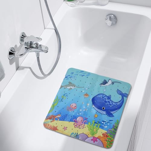 Otraki Tappetino Vasca Antiscivolo, 53X53Cm Tappetino Da Bagno Del Mondo Degli Animali Marini, Tappeto Doccia Antiscivolo Dei Cartoni Animati Con Fori Di Scarico E Ventose, Lavabile In Lavatrice, Blu - 9