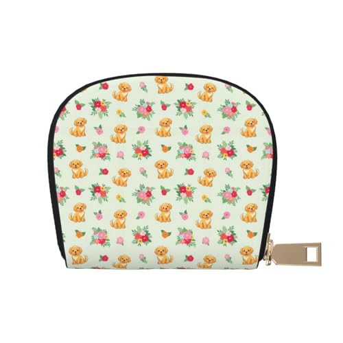 Men Leather Wallet Card Holder Golden Retriever Floral Dogs Travel Accessory