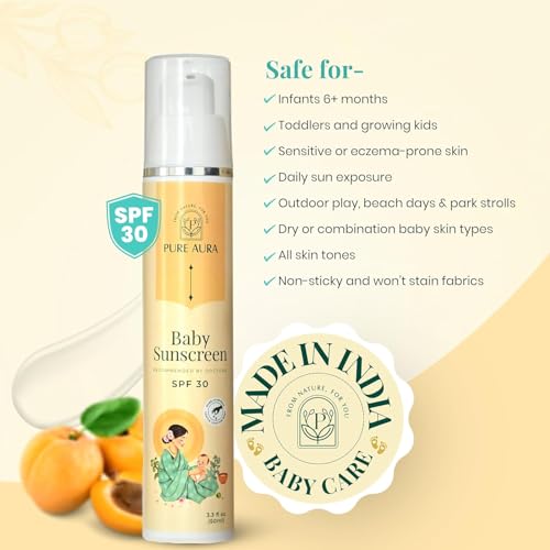 Image of Pure Aura Baby Sunscreen 50 gm | SPF 30 Kids Sunscreen | 100% Mineral & Ayurvedic | Chemical-Free | Outdoor Safe | Sensitive Skin Friendly | Doctors Recommended | 6M to 8 Yrs
